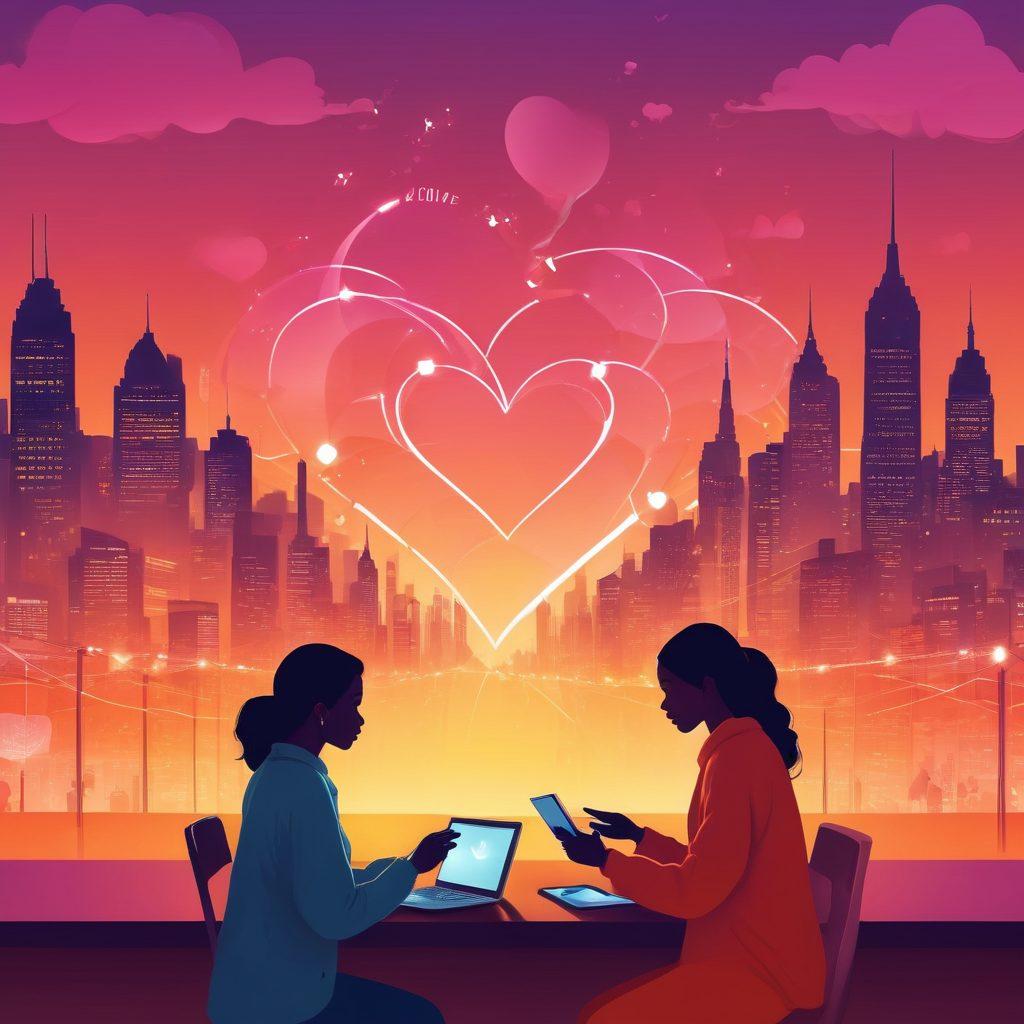 A vibrant illustration of diverse people connecting over digital devices, with heart symbols intertwining between them. Incorporate glowing connections reminiscent of social networks, set against a soft, dynamic backdrop that symbolizes affection and relationships. Include elements like chat bubbles, and subtle silhouettes of cities in the distance. color palette of warm, inviting tones. vector art.