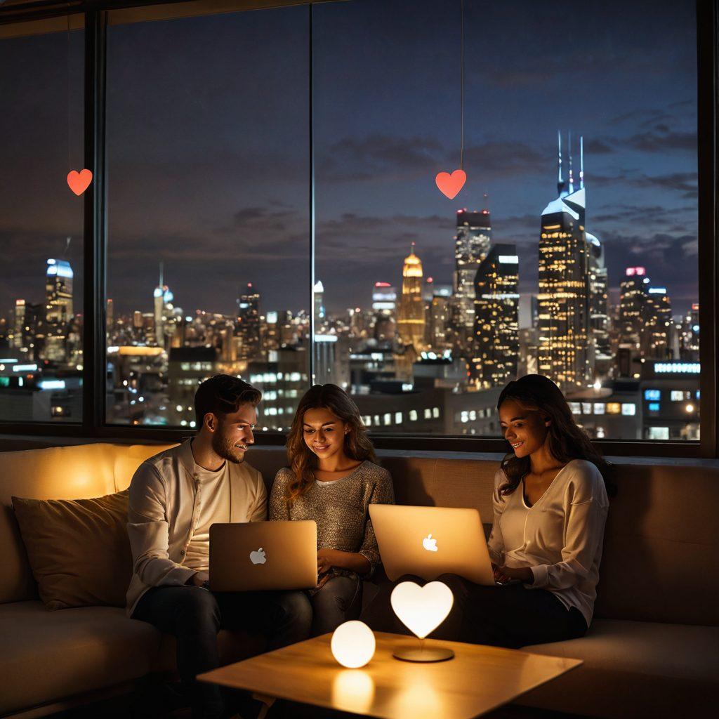 A cozy, intimate scene of a couple sitting side by side in a dimly lit room, each with a laptop, their screens casting a soft glow on their faces. Floating heart emojis and digital connections surround them, representing online interactions. A backdrop of a city skyline through the window conveys modernity. Warm color tones to create an inviting atmosphere. soft-focus, romantic, modern art.